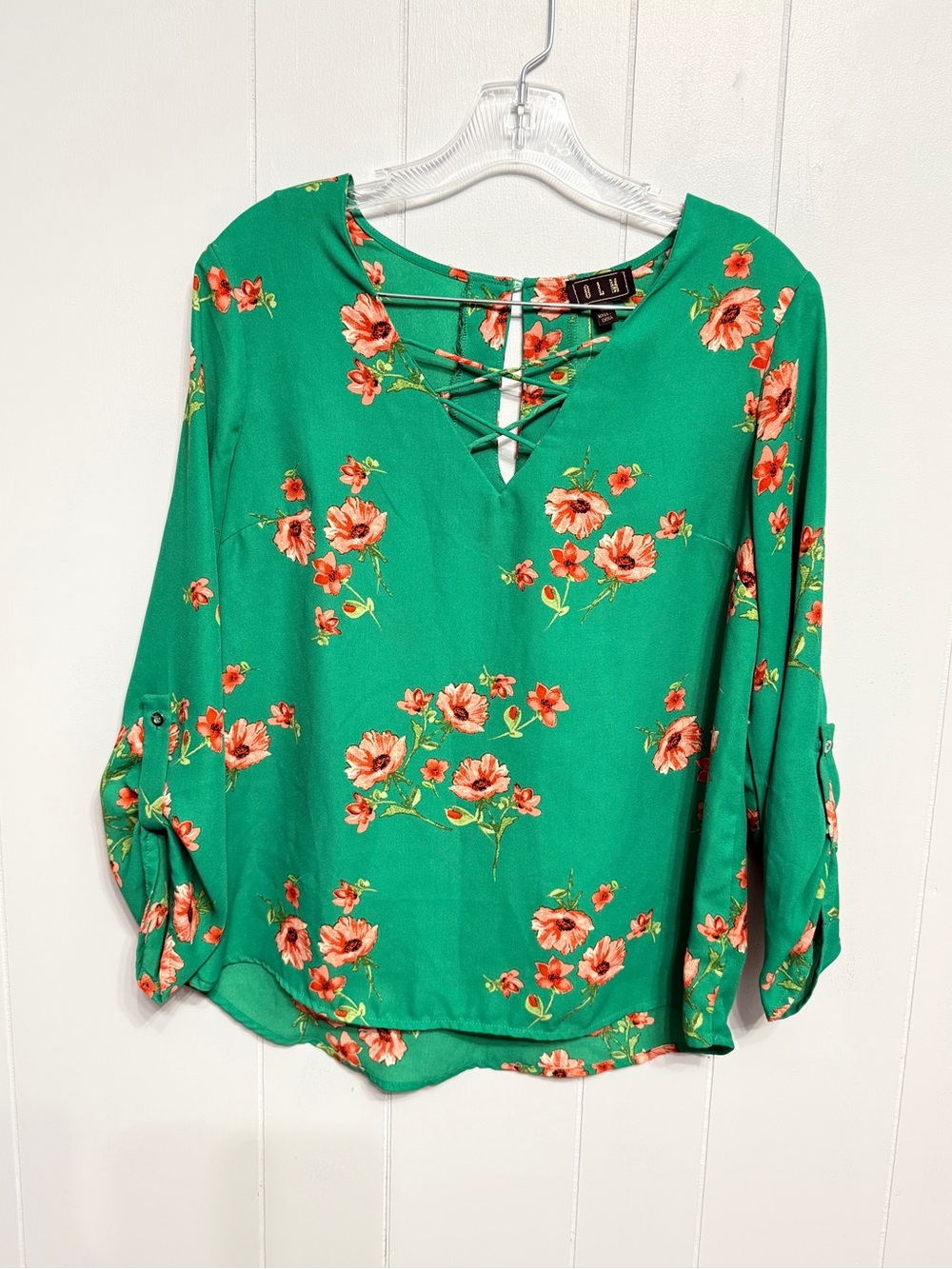 #19)  Green Floral Lace-Up V-Neck Blouse with Roll-Tab Sleeves